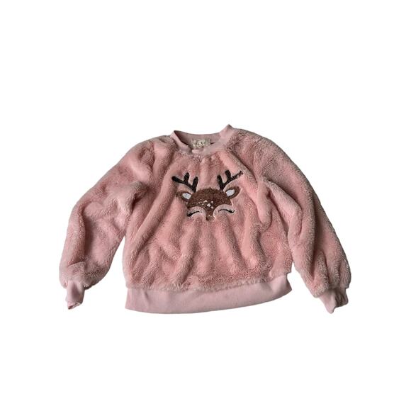 Between Other - Girls Pink Fuzzy Deer Christmas Sweater - Size 7